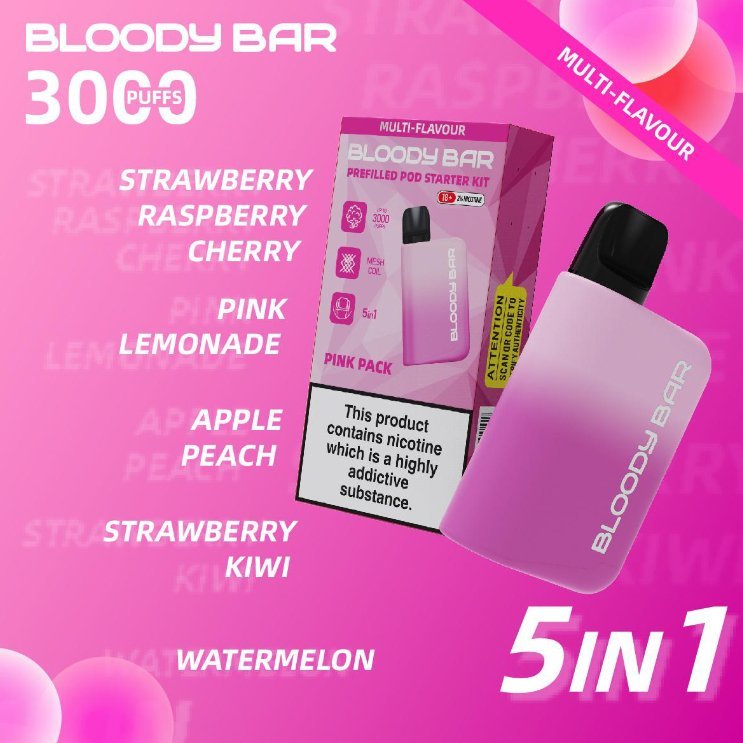 5 in 1 Bloody Bar 3000 Puffs Prefilled Pod  Box of 5