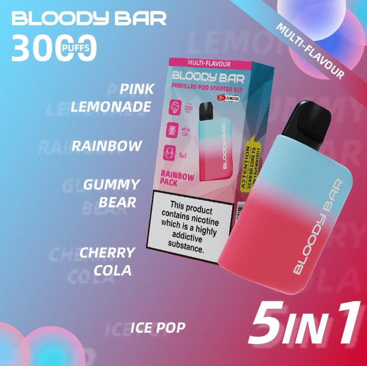 5 in 1 Bloody Bar 3000 Puffs Prefilled Pod  Box of 5