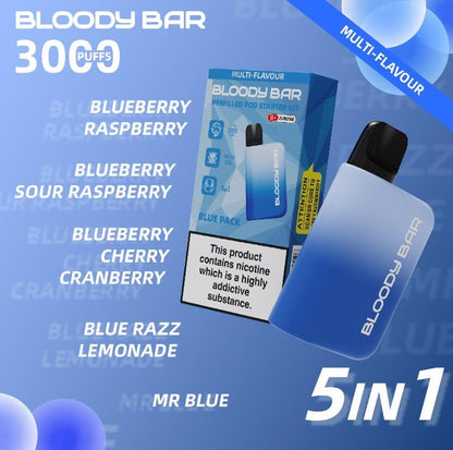 5 in 1 Bloody Bar 3000 Puffs Prefilled Pod  Box of 5